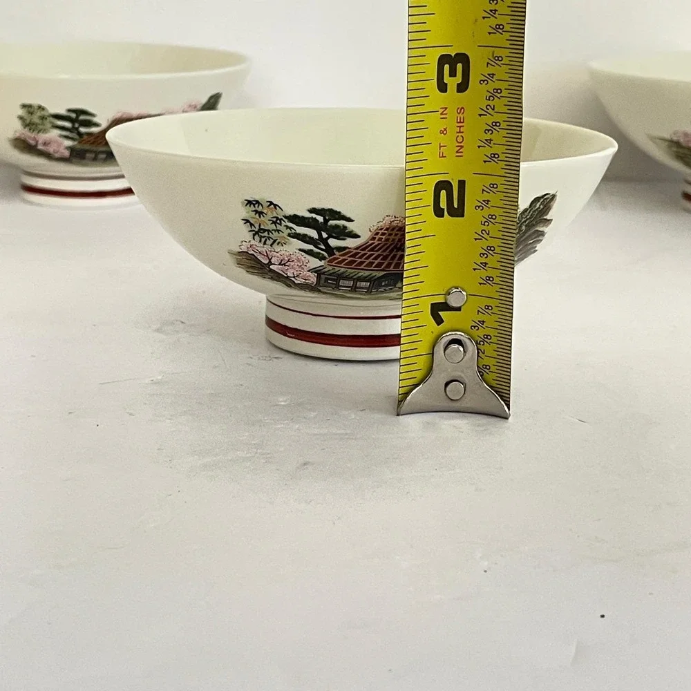 Vintage Japanese Kutani-Yaki Porcelain Rice Bowls Landscape Cherry Blossom Set 4